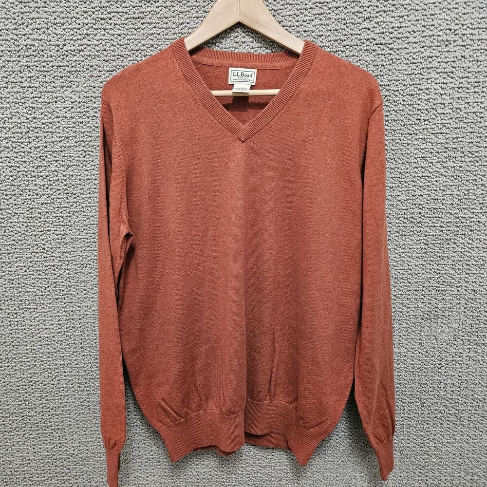 L.L. Bean Men's Sweater Rust V-Neck Cotton Cashmere Blend Long Sleeve Size L